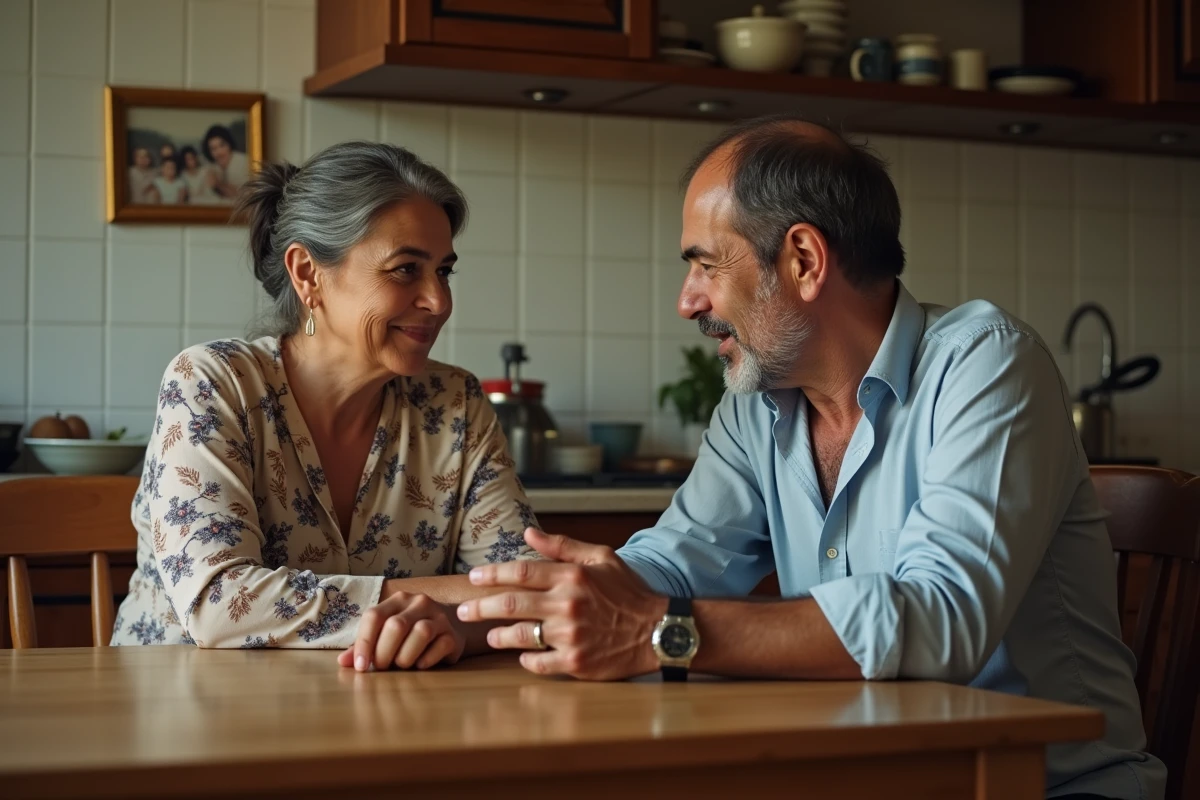 Homme nord-africain en chemise discutant avec une femme dans la cuisine