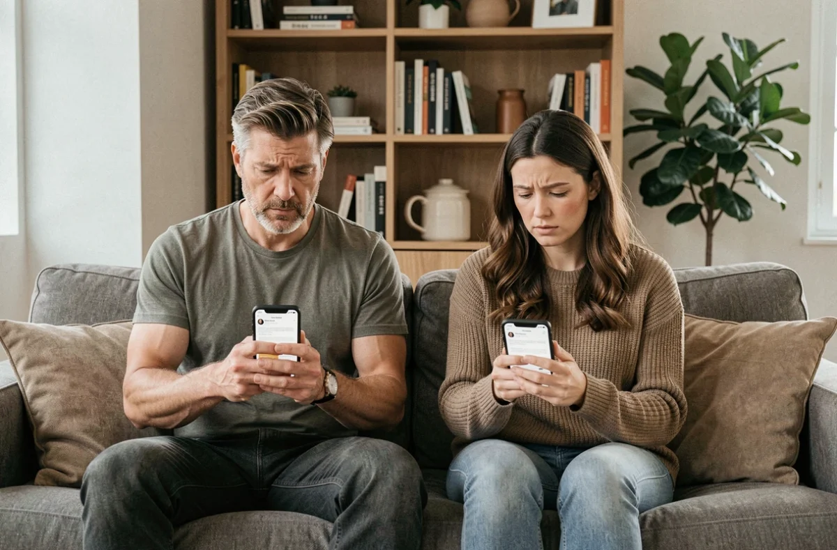 Couple lisant des avis sur le divorce par internet séparément dans leur salon