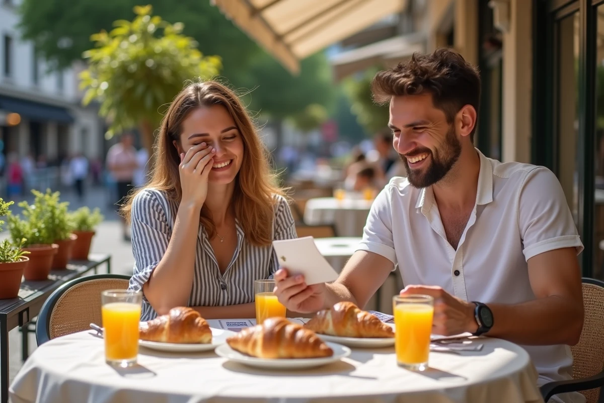 Couple jouant aux questions Les Z'amours lors d'un brunch en terrasse avec croissants et jus d'orange