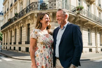 Couple complice souriant dans une rue parisienne, illustrant la relation publique de Booder et sa compagne