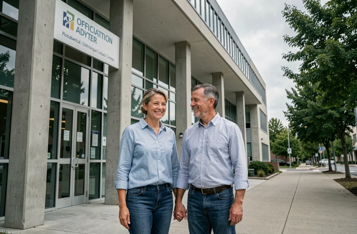 Couple devant l'entrée d'un centre d'adoption indépendant souriant avec confiance