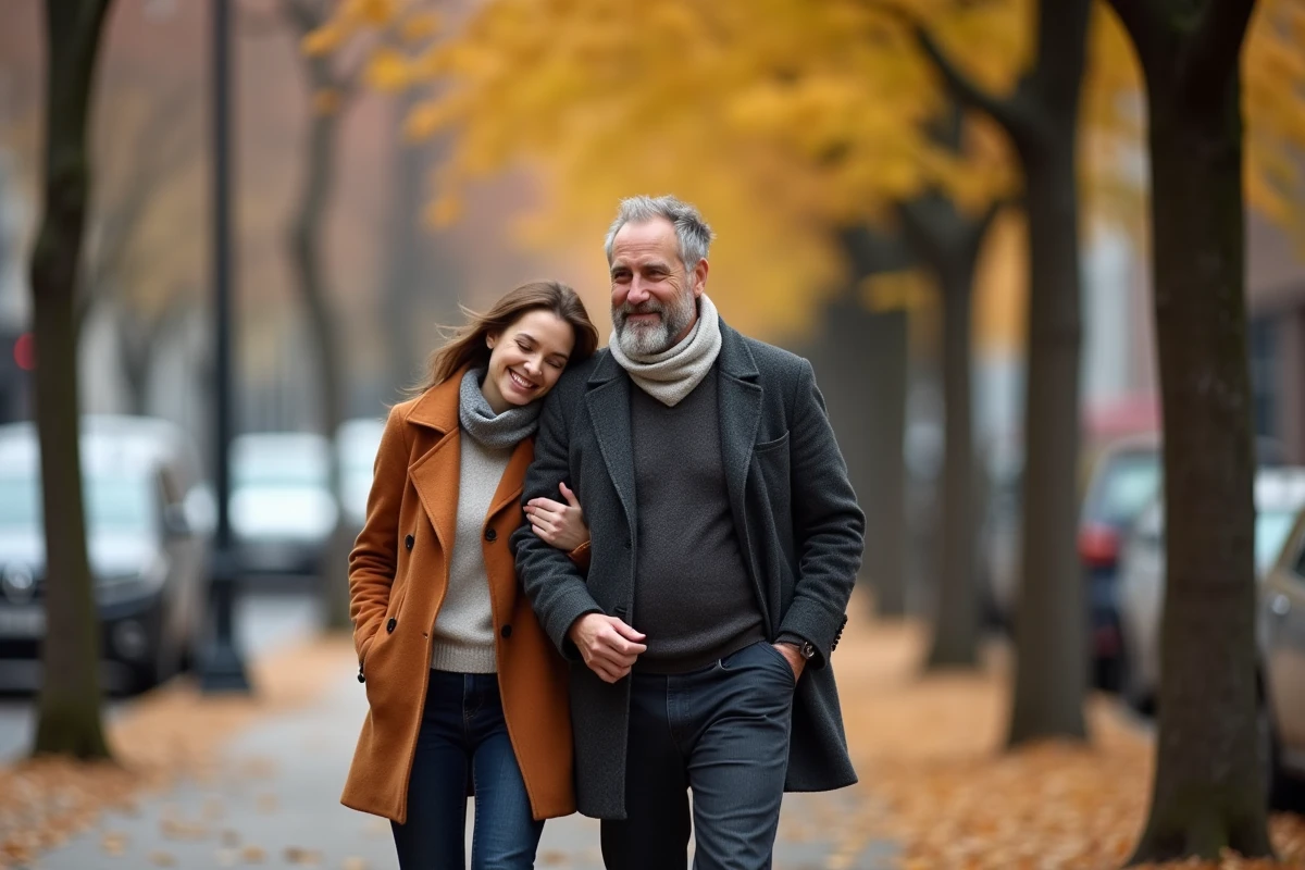 Couple complice se promenant en automne dans une rue urbaine, illustrant une relation amoureuse épanouie et bien assortie