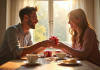 Couple souriant échangeant des cadeaux au petit déjeuner