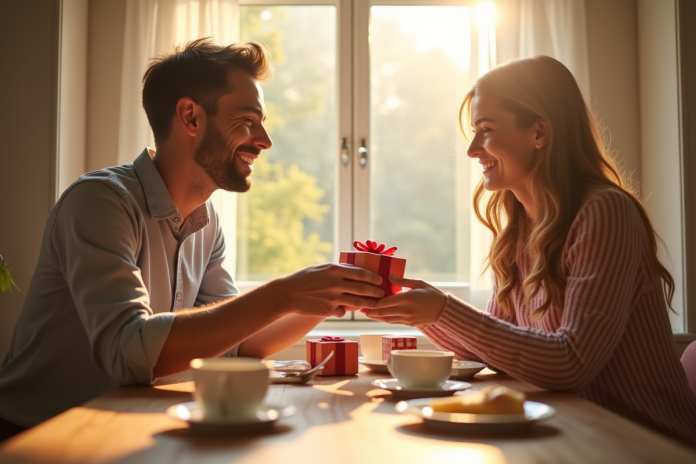 Couple souriant échangeant des cadeaux au petit déjeuner
