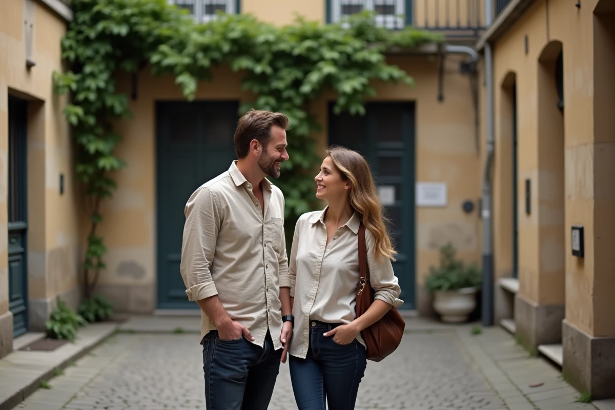 Couple dans une cour parisienne en pierre, ambiance éditoriale documentaire évoquant une histoire personnelle discrète