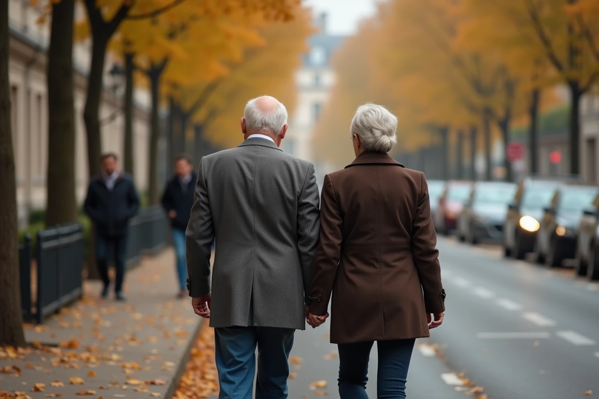 Couple élégant se promenant discrètement dans une rue parisienne en automne, symbolisant la vie privée préservée d'un dirigeant industriel