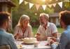 Couple mature riant avec gateau en plein air lors d'une fête