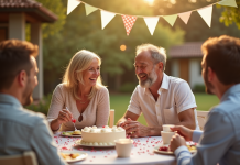 Couple mature riant avec gateau en plein air lors d'une fête