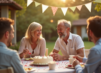 Célébrer 36 ans de mariage : idées pour une fête mémorable Couple mature riant avec gateau en plein air lors d'une fête