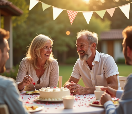 Couple mature riant avec gateau en plein air lors d'une fête