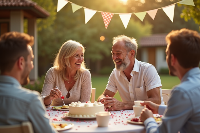 Couple mature riant avec gateau en plein air lors d'une fête