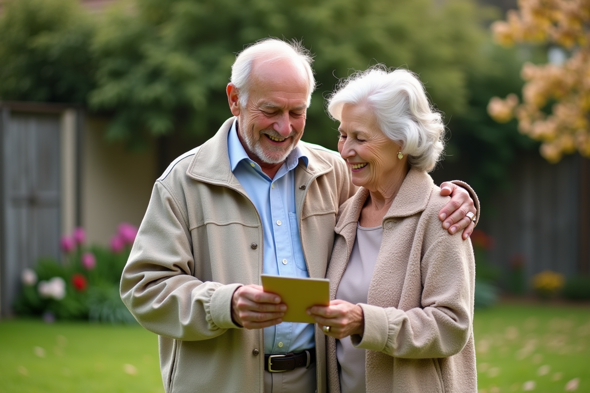 Vieux couple dans le jardin avec carte écrite à la main