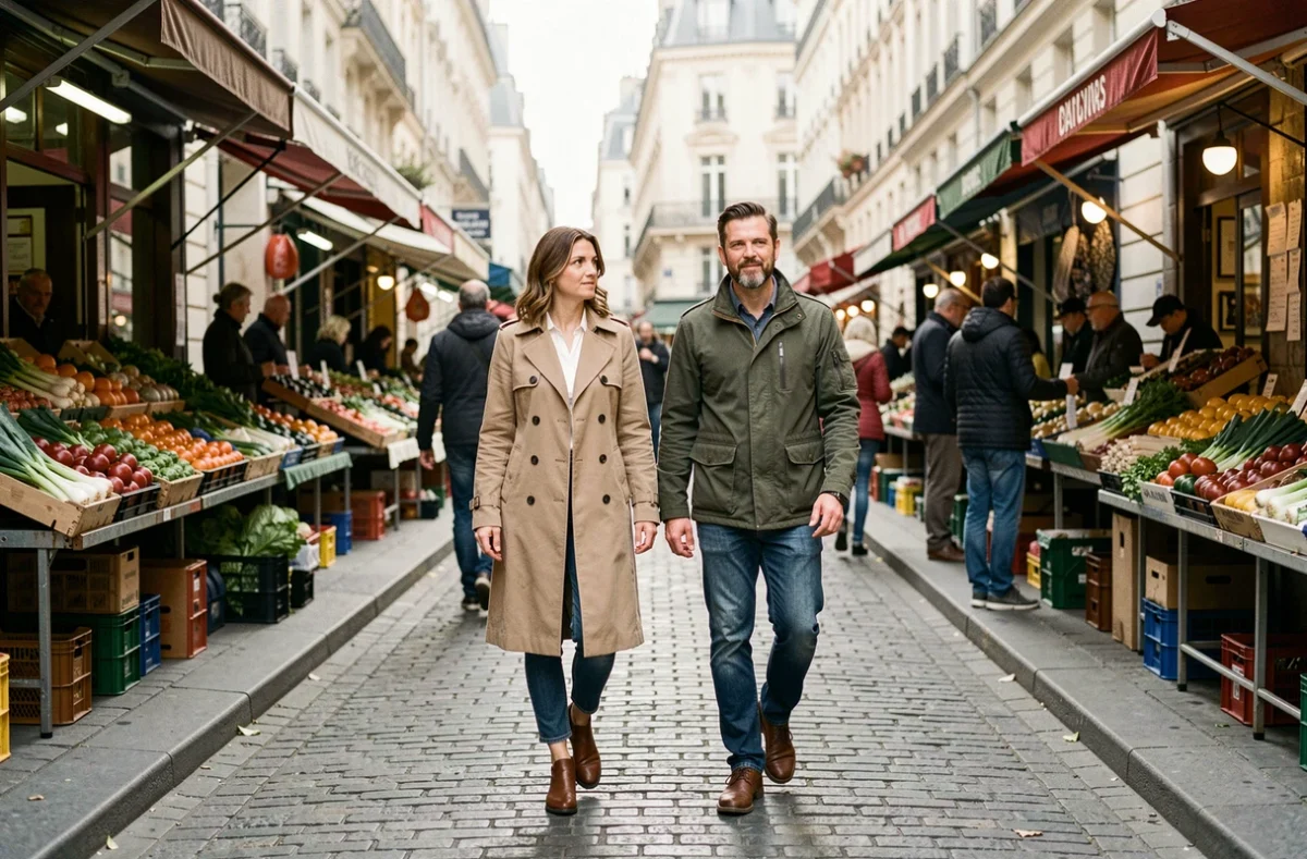 Couple marchant dans un marché parisien, dynamique relationnelle subtile capturée en photographie de rue