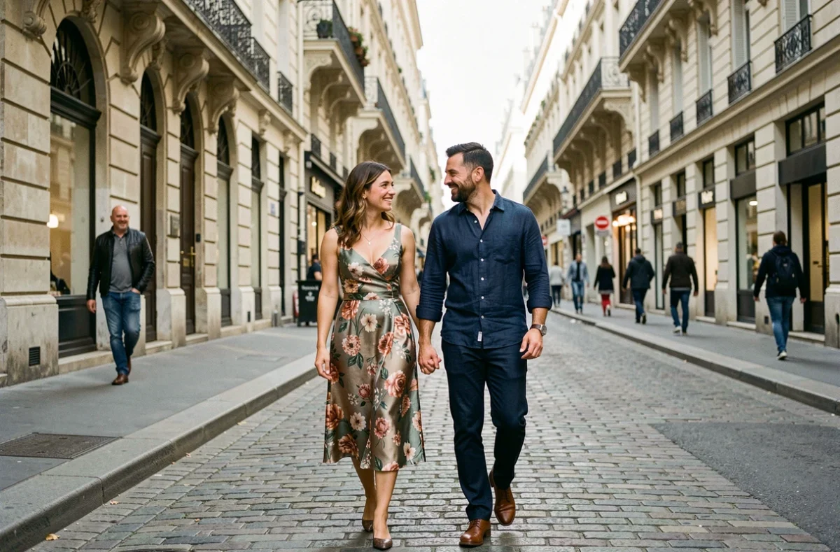 Couple élégant se promenant sur une rue pavée parisienne, femme en robe florale et homme en chemise marine, atmosphère complice et détendue