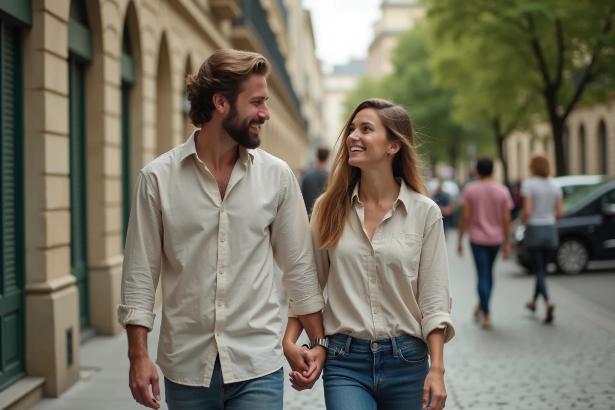 Couple se promenant de manière détendue dans une rue parisienne, symbolisant l'équilibre entre vie publique et vie privée d'une célébrité