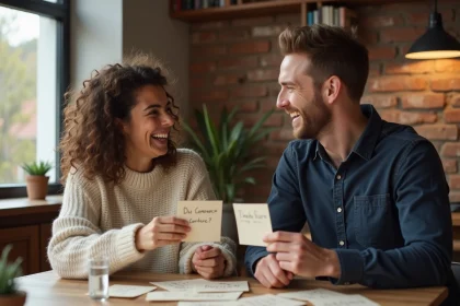 Couple jouant aux questions Les Z'amours autour d'une table en bois avec des cartes de jeu et un verre de vin