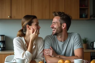 Un homme et une femme trentenaires rient ensemble autour d'une table de cuisine dans une atmosphère détendue et complice