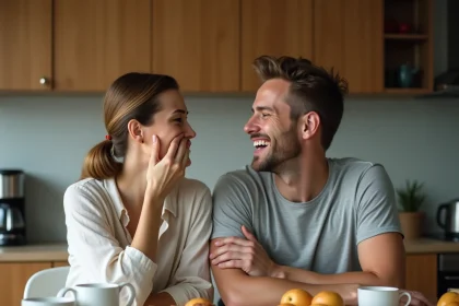 Un homme et une femme trentenaires rient ensemble autour d'une table de cuisine dans une atmosphère détendue et complice