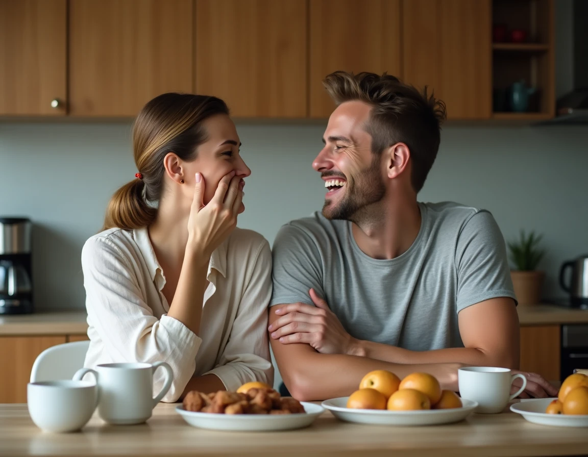 Un homme et une femme trentenaires rient ensemble autour d'une table de cuisine dans une atmosphère détendue et complice