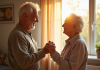 Couple senior se tenant la main dans un salon lumineux