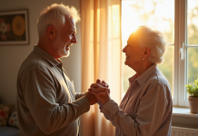 Couple senior se tenant la main dans un salon lumineux