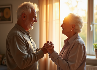 Couple senior se tenant la main dans un salon lumineux