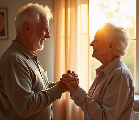 Couple senior se tenant la main dans un salon lumineux