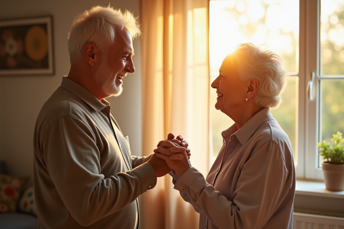 Couple senior se tenant la main dans un salon lumineux