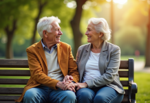 Couple senior assis sur un banc dans un parc ensoleille