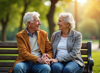 Couple senior assis sur un banc dans un parc ensoleille