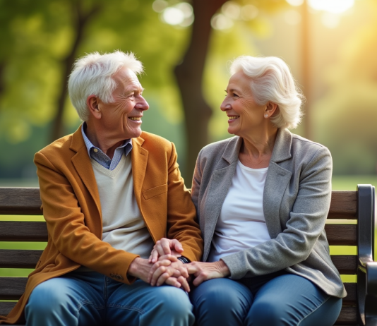 Couple senior assis sur un banc dans un parc ensoleille