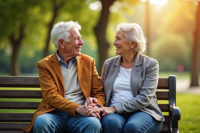 Couple senior assis sur un banc dans un parc ensoleille