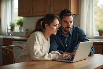 Couple assis ensemble devant un ordinateur portable dans une cuisine, découvrant les résultats d'un simulateur de compatibilité amoureuse