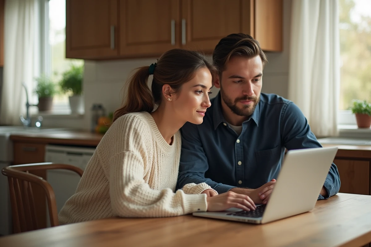 Couple assis ensemble devant un ordinateur portable dans une cuisine, découvrant les résultats d'un simulateur de compatibilité amoureuse