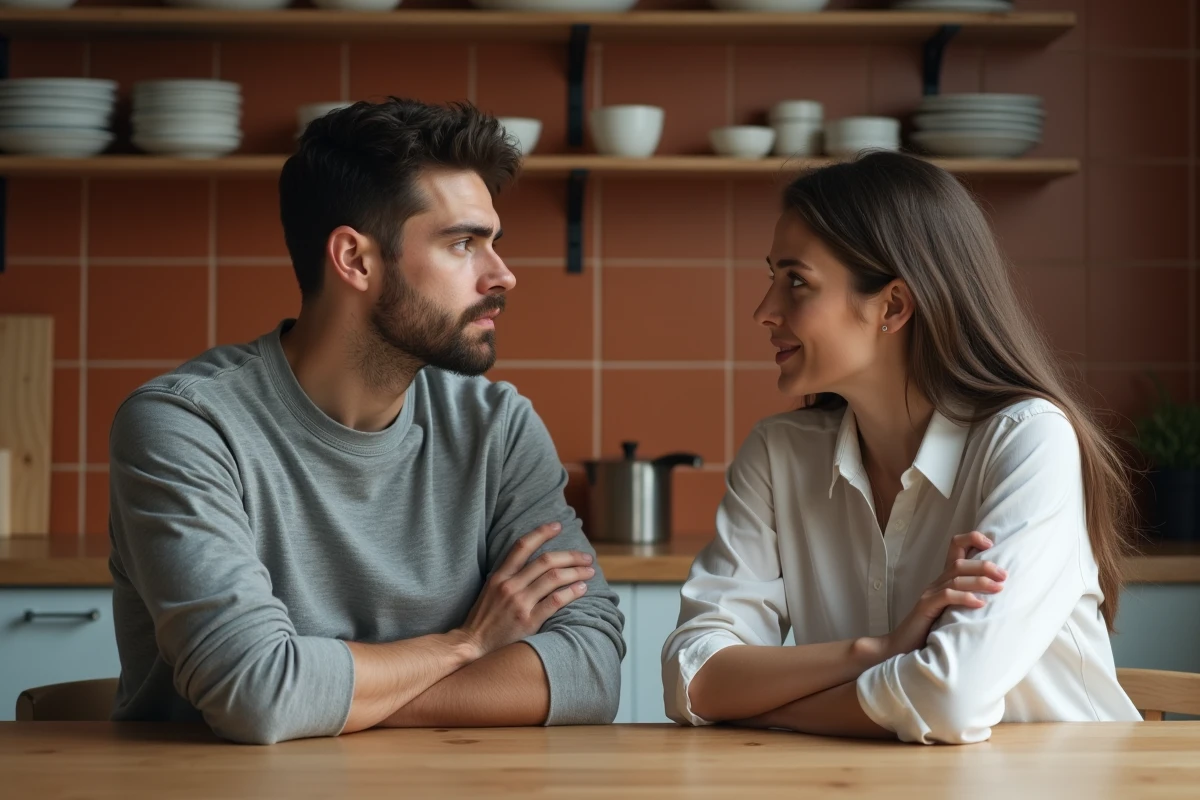 Couple en tension à table dans la cuisine, homme qui ignore sa partenaire après une dispute, distance émotionnelle visible