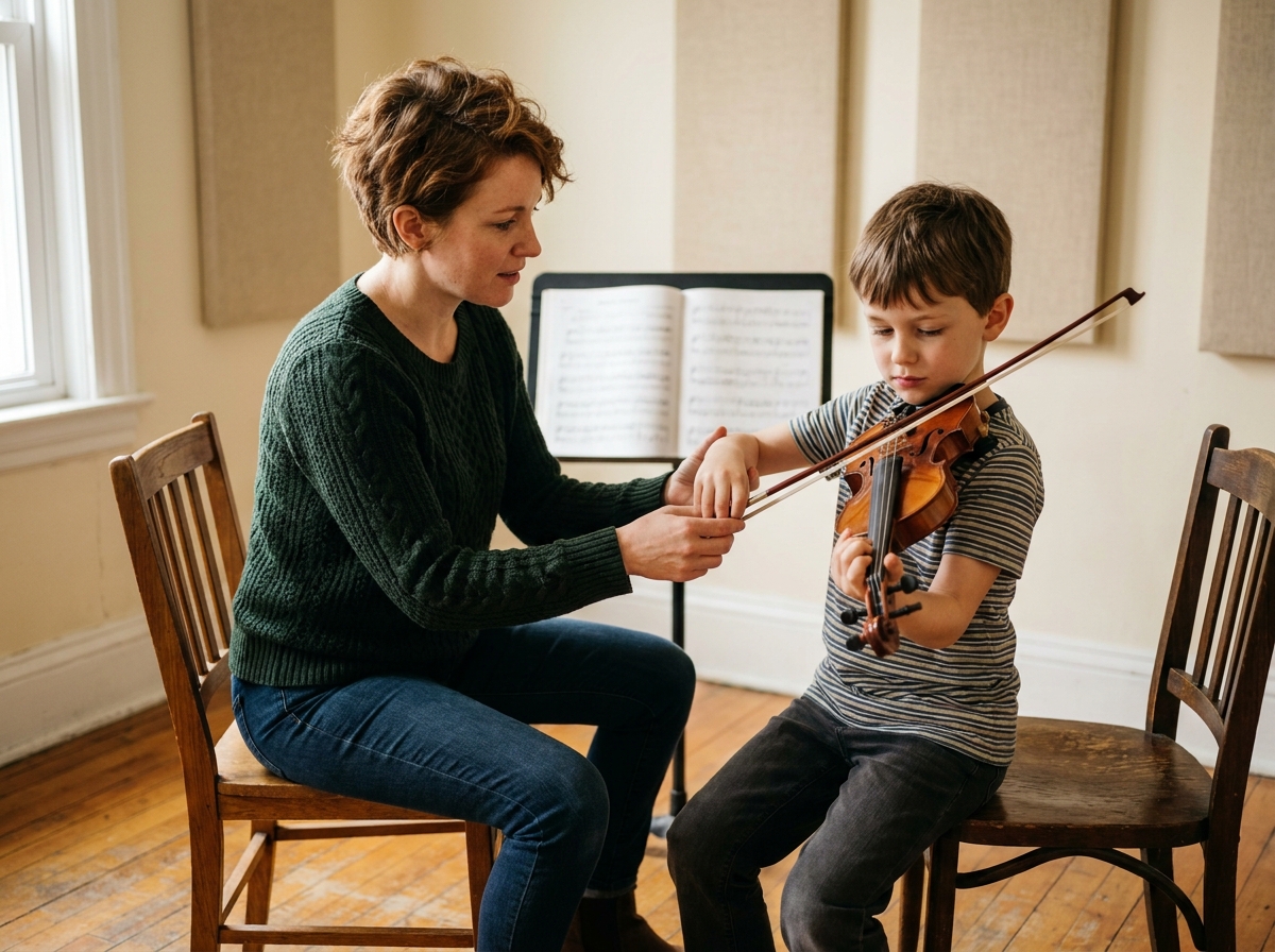 Professeur de violon guidant un jeune élève lors d'un cours dans une école de musique, choix du bon violon enfant