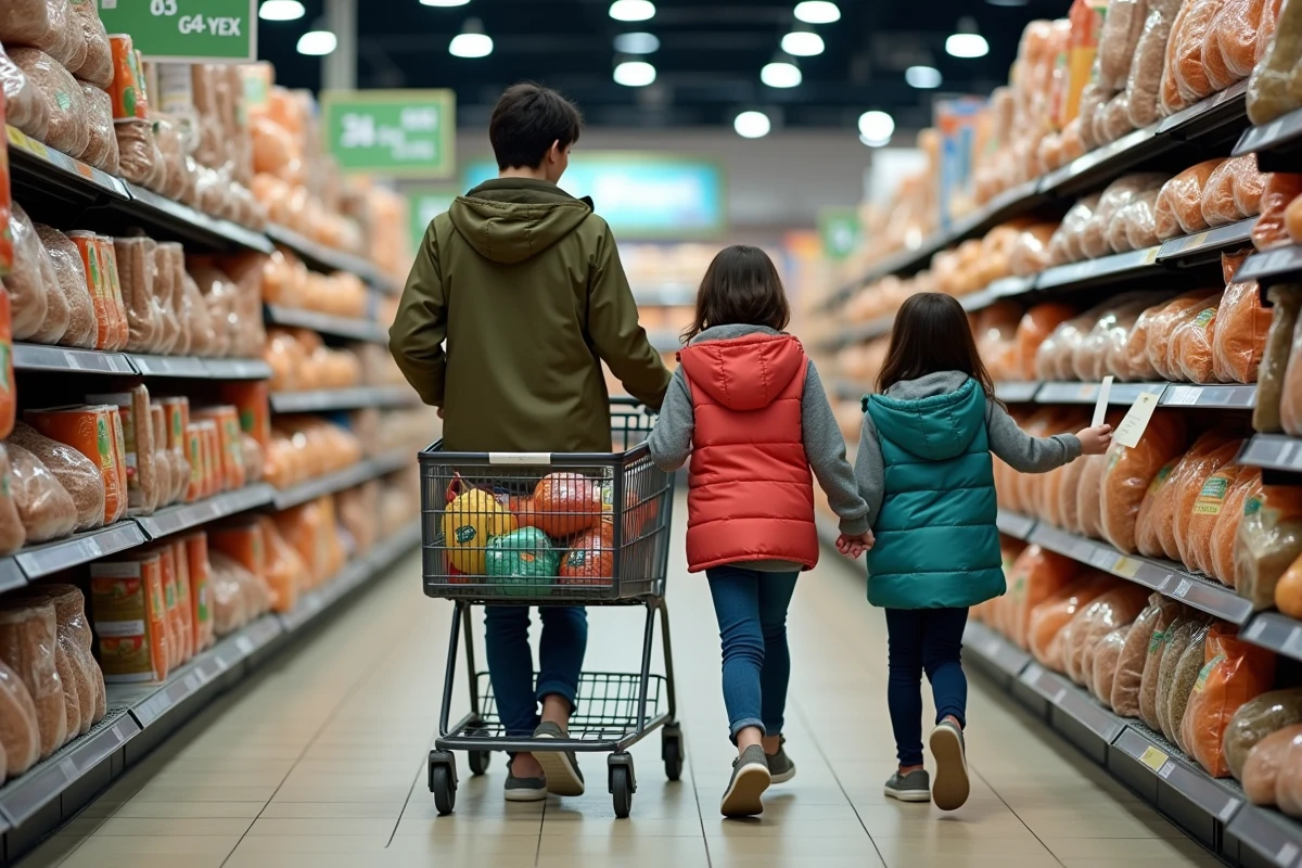 Mère de famille faisant les courses en supermarché avec ses enfants pour optimiser le budget familial