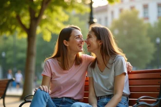 Deux cousines complices qui rient ensemble sur un banc de parc en ville, illustrant une citation originale et drôle sur la cousine