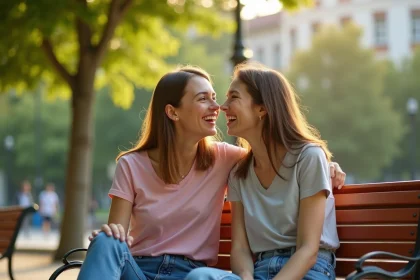 Deux cousines complices qui rient ensemble sur un banc de parc en ville, illustrant une citation originale et drôle sur la cousine