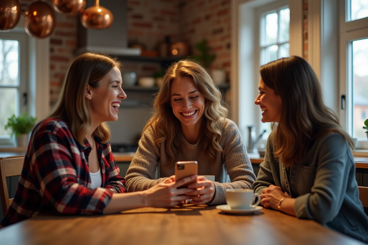 Trois cousines adultes réunies autour d'une table de cuisine rustique, riant ensemble devant un message drôle sur un téléphone