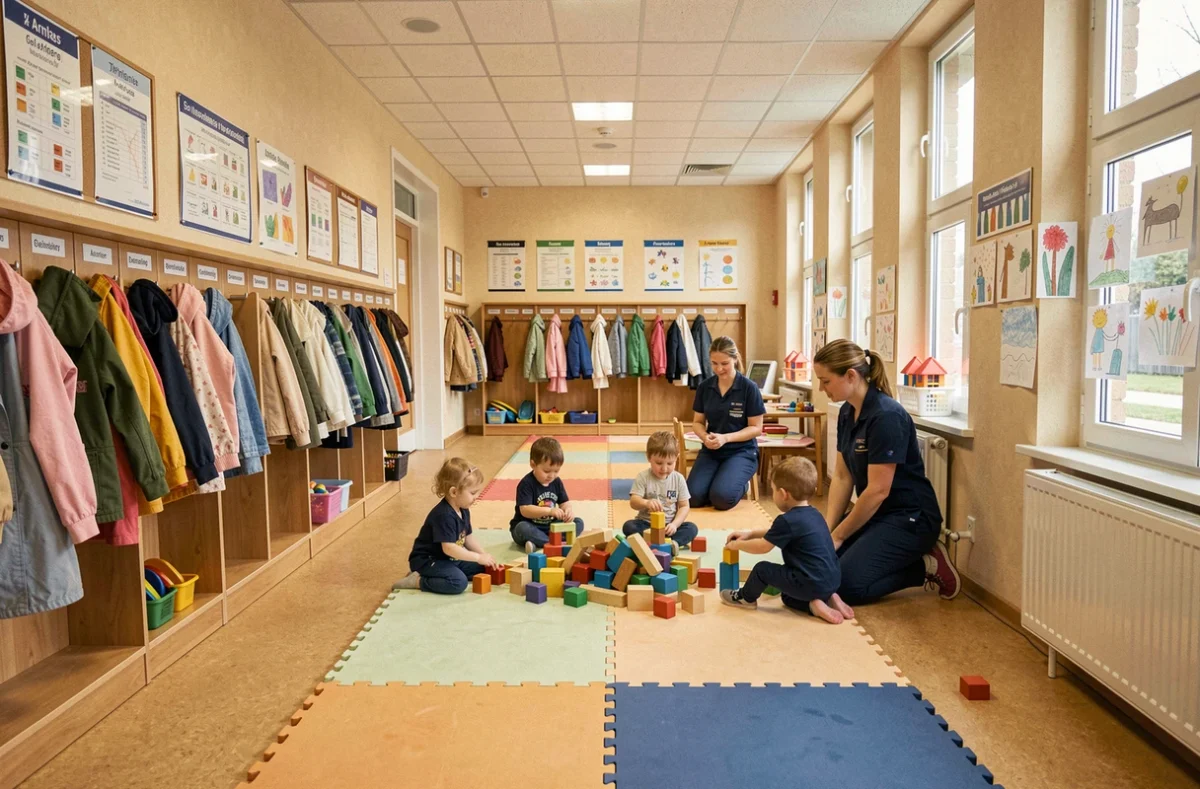 Grande salle de jeux collective de la Crèche Municipale d'Arras avec éducatrices et groupe d'enfants