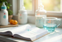 Plan de travail cuisine avec livre de recettes bébé et biberon