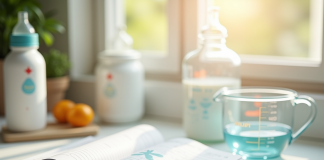 Comment bien lire une recette bébé : l’exemple de la conversion 450 ml en cl Plan de travail cuisine avec livre de recettes bébé et biberon