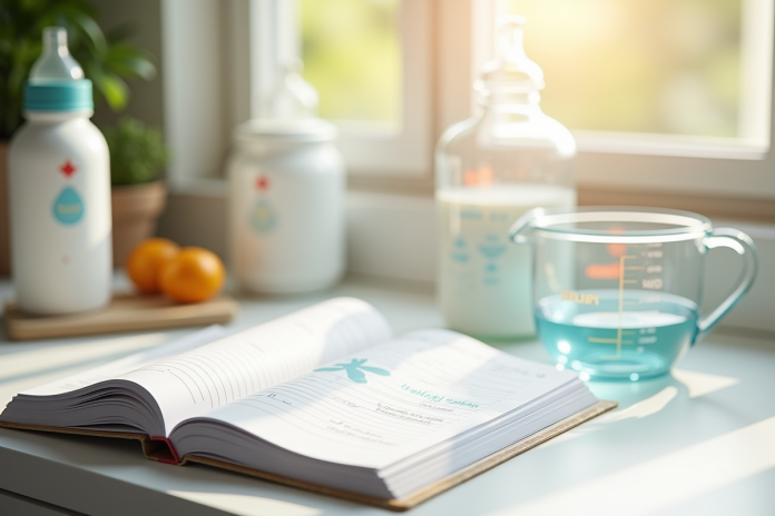 Plan de travail cuisine avec livre de recettes bébé et biberon
