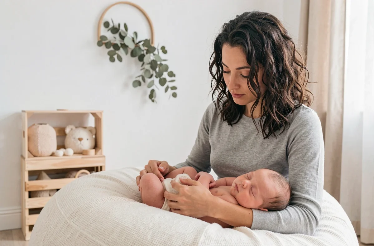 Deborah Cacciola, photographe naissance à Orléans, positionnant un nouveau-né sur un bean bag dans son studio
