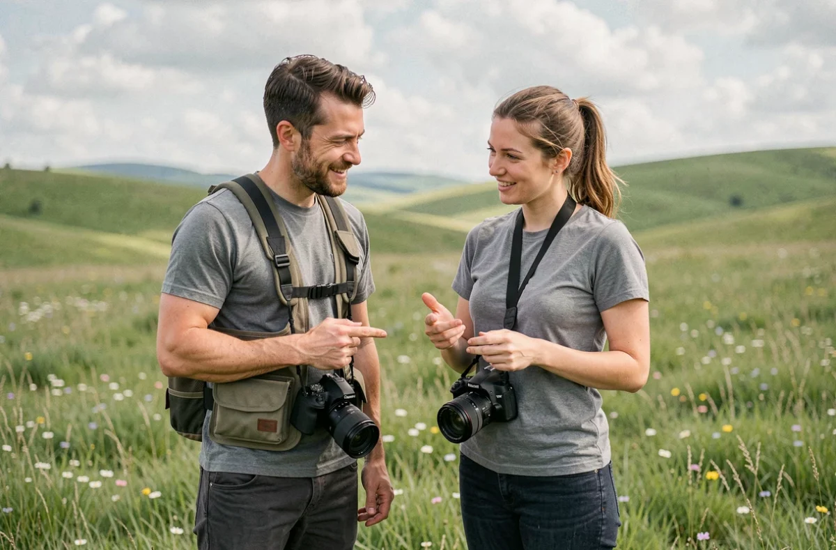 Deux photographes comparant leurs harnais d'appareil photo dans une prairie, discussion sur le confort et l'ergonomie