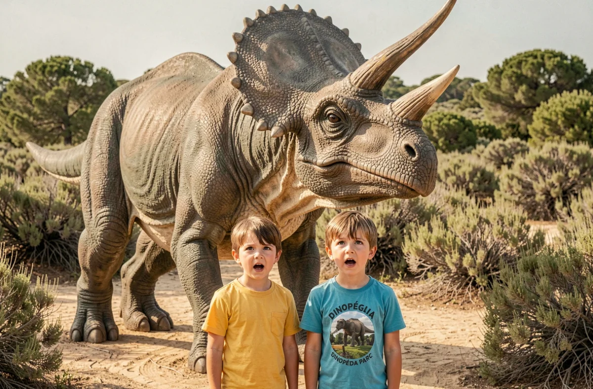 Enfants découvrant une réplique de dinosaure grandeur nature au Dinopédia Parc