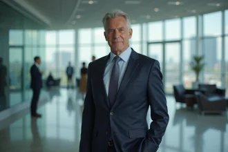 Dirigeant d'entreprise aéronautique dans un hall corporatif moderne, illustrant la discrétion de la vie privée des PDG