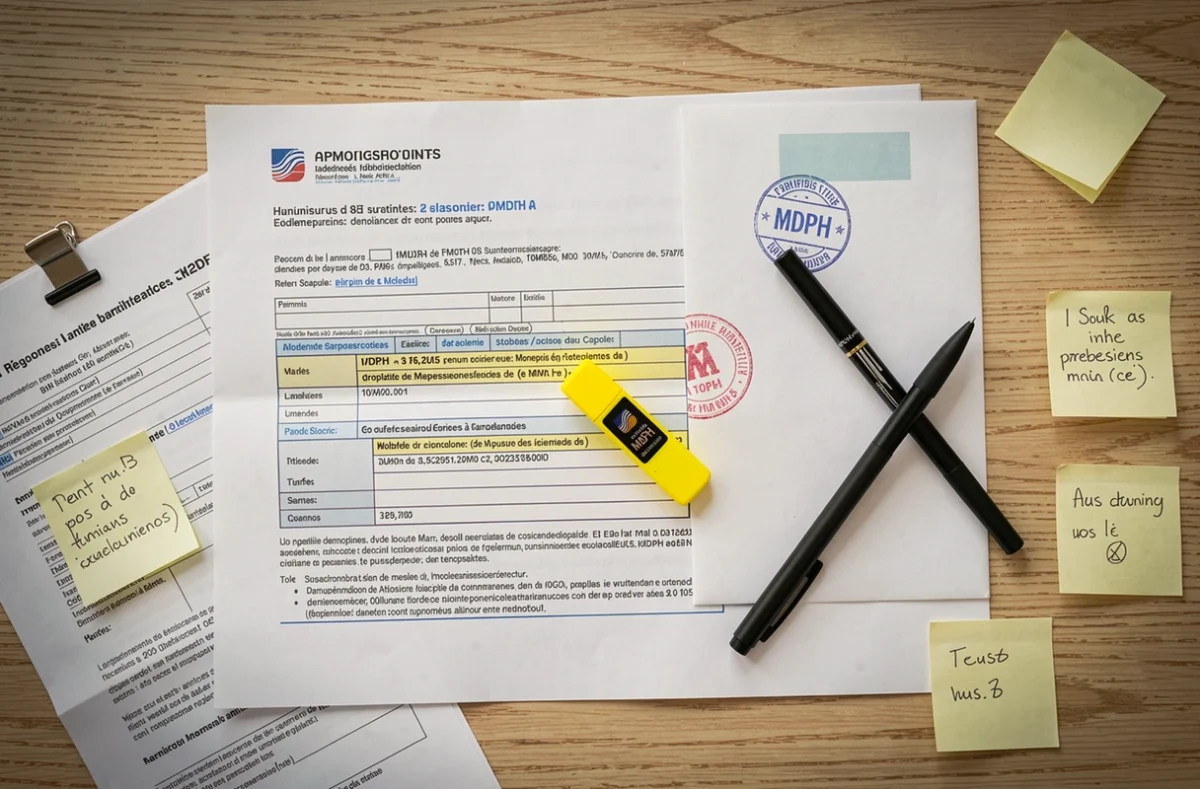 Vue aérienne d'un bureau avec les documents nécessaires à la constitution d'un dossier de demande AESH pour la MDPH