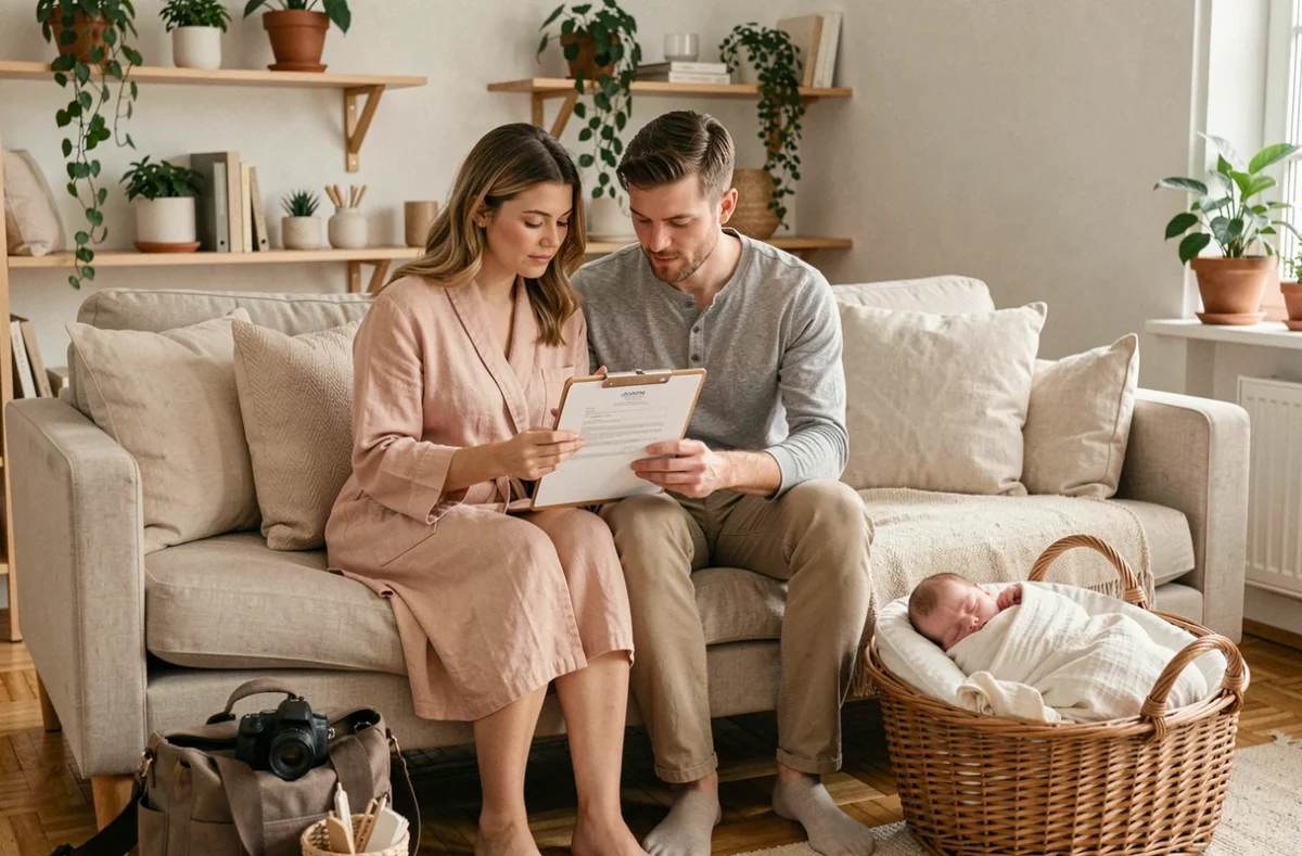 Parents signant un formulaire de droit à l'image pour leur nourrisson avant une séance photo naissance